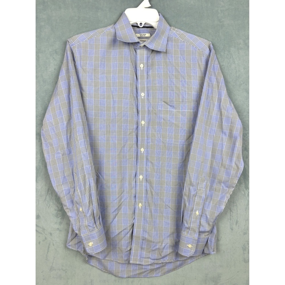 Jos. A. Bank 1905 Mens Blue Plaid Non-Iron Slim Fit Dress Shirt 15 33 Cotton